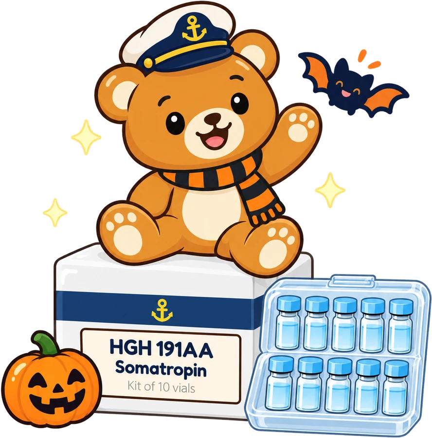 Teddy the bear with an HGH 191AA kit of 10 vials
